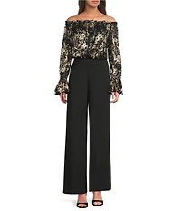 Adrianna Papell Metallic Floral Lace Off-the-Shoulder Long Sleeve Straight Leg Jumpsuit