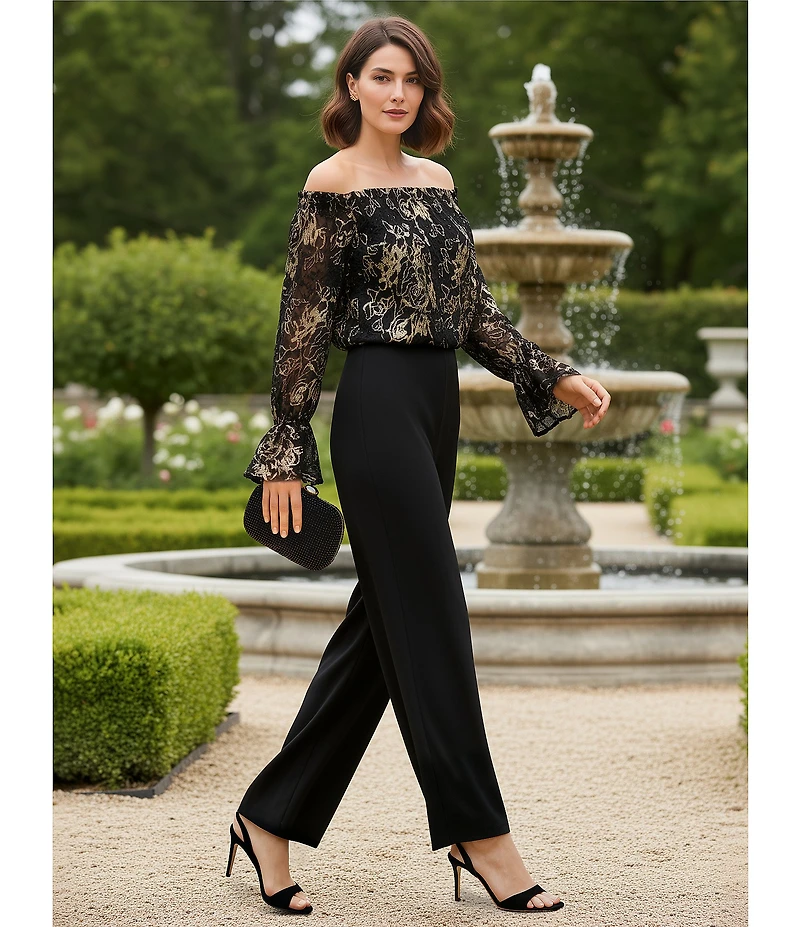 Adrianna Papell Metallic Floral Lace Off-the-Shoulder Long Sleeve Straight Leg Jumpsuit