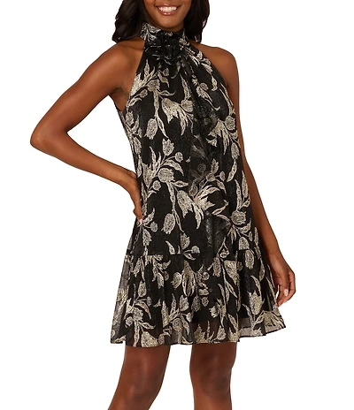 Adrianna Papell Metallic Floral Leaf Print 3D Floral Rosette Halter Neck Sleeveless Flounce Dress