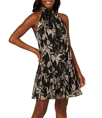 Adrianna Papell Metallic Floral Leaf Print 3D Floral Rosette Halter Neck Sleeveless Flounce Dress