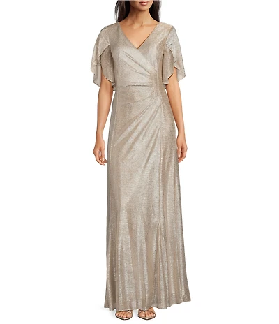 Adrianna Papell Metallic Flutter Sleeve Gown