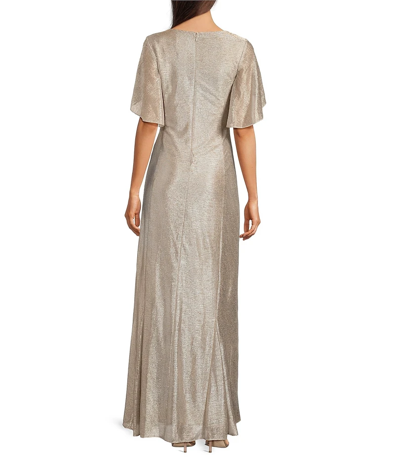 Adrianna Papell Metallic Flutter Sleeve Gown