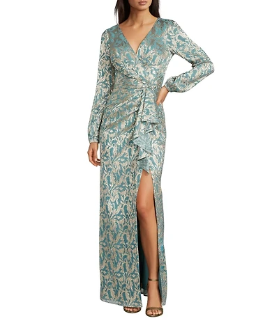 Adrianna Papell Metallic Foil Print Crinkle Knit Surplice Neck Long Sleeve Ruffle Gown