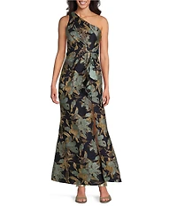 Adrianna Papell Metallic Jacquard Draped One Shoulder Mermaid Dress