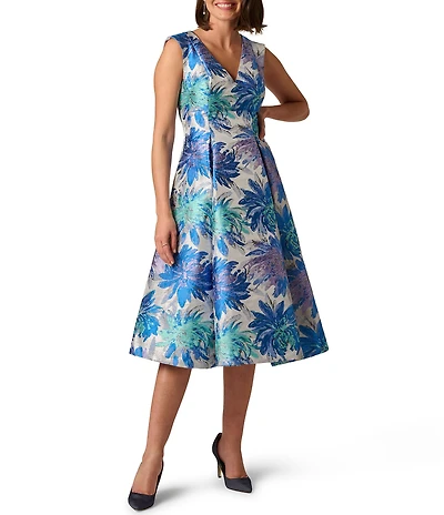 Adrianna Papell Metallic Jacquard Floral Print Fit And Flare Midi Dress