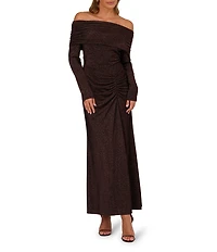 Adrianna Papell Metallic Knit Off-The-Shou;lder Neck Long Sleeves Side Ruched Sheath Gown