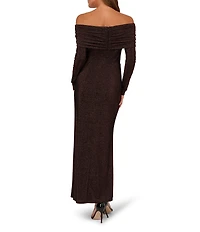 Adrianna Papell Metallic Knit Off-The-Shou;lder Neck Long Sleeves Side Ruched Sheath Gown
