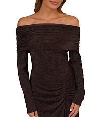 Adrianna Papell Metallic Knit Off-The-Shou;lder Neck Long Sleeves Side Ruched Sheath Gown