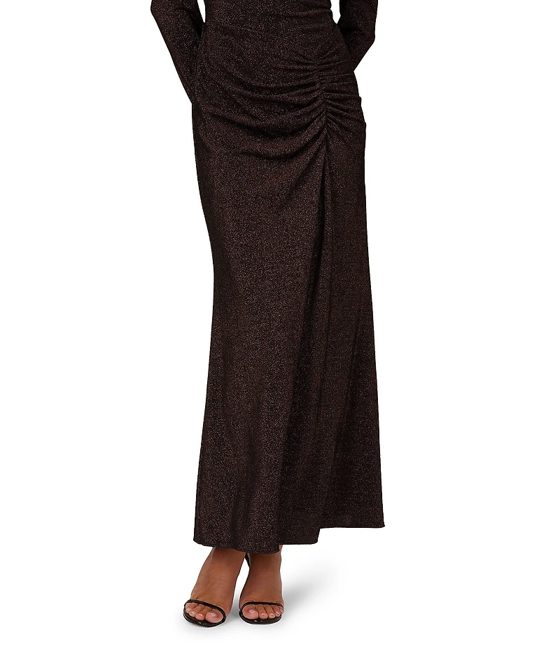 Adrianna Papell Metallic Knit Off-The-Shou;lder Neck Long Sleeves Side Ruched Sheath Gown