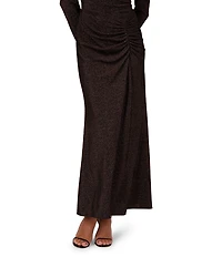 Adrianna Papell Metallic Knit Off-The-Shou;lder Neck Long Sleeves Side Ruched Sheath Gown