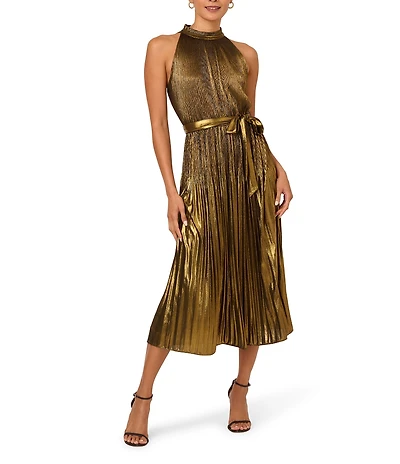 Adrianna Papell Metallic Pleated Halter Neck Sleeveless Midi Dress