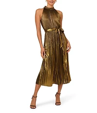 Adrianna Papell Metallic Pleated Halter Neck Sleeveless Midi Dress