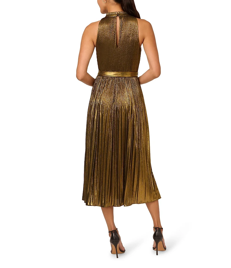 Adrianna Papell Metallic Pleated Halter Neck Sleeveless Midi Dress