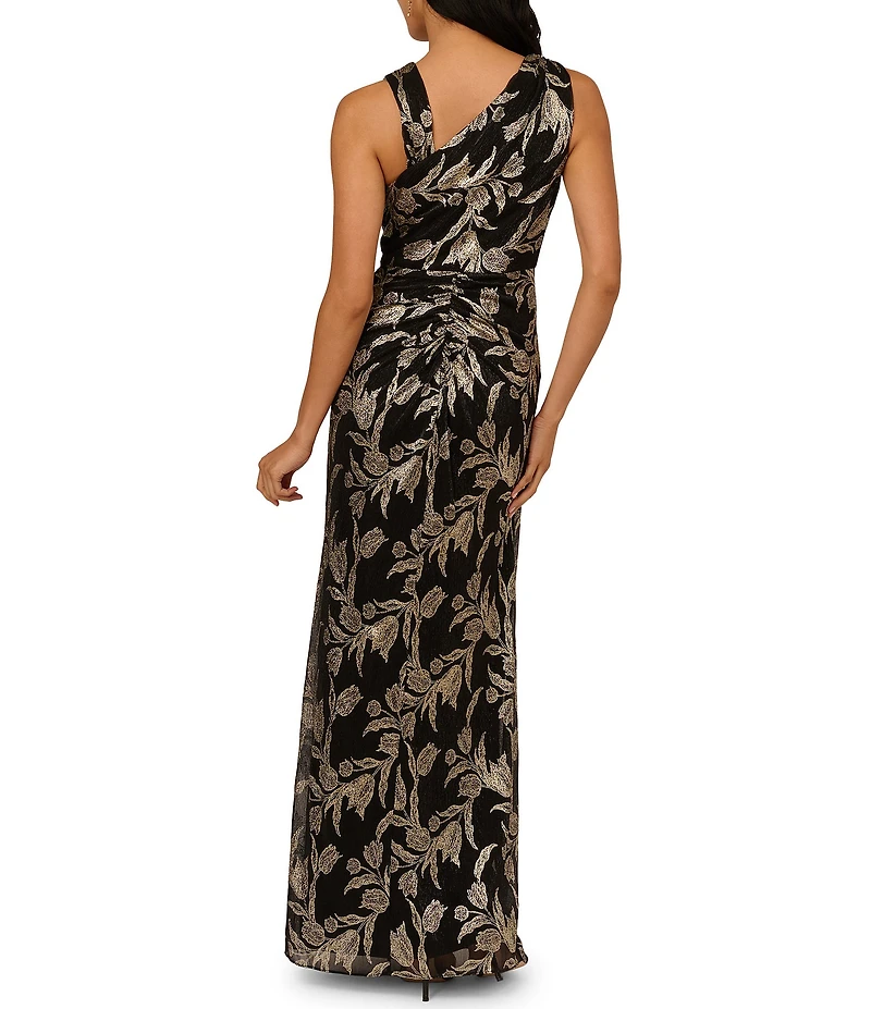 Adrianna Papell Metallic Rose Print Crinkle Mesh Asymmetrical Neck Sleeveless Gown