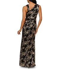 Adrianna Papell Metallic Rose Print Crinkle Mesh Asymmetrical Neck Sleeveless Gown
