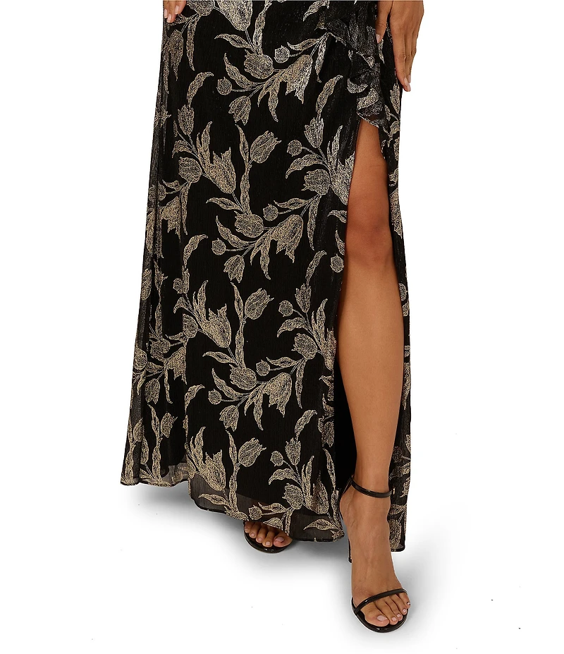 Adrianna Papell Metallic Rose Print Crinkle Mesh Asymmetrical Neck Sleeveless Gown