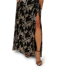 Adrianna Papell Metallic Rose Print Crinkle Mesh Asymmetrical Neck Sleeveless Gown