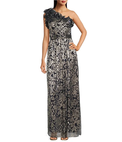 Adrianna Papell Metallic Ruffle Neck One Shoulder Printed Crinkle Gown