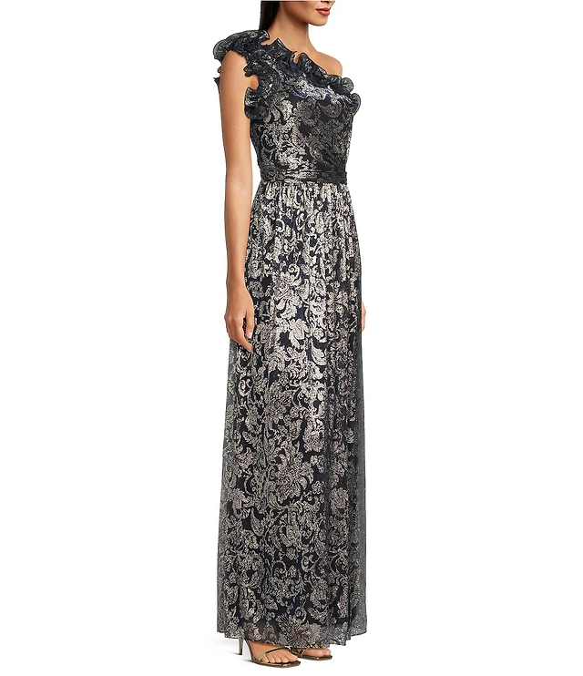 Adrianna Papell Metallic Ruffle Neck One Shoulder Printed Crinkle Gown |  Liberty Center
