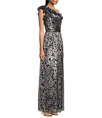 Adrianna Papell Metallic Ruffle Neck One Shoulder Printed Crinkle Gown