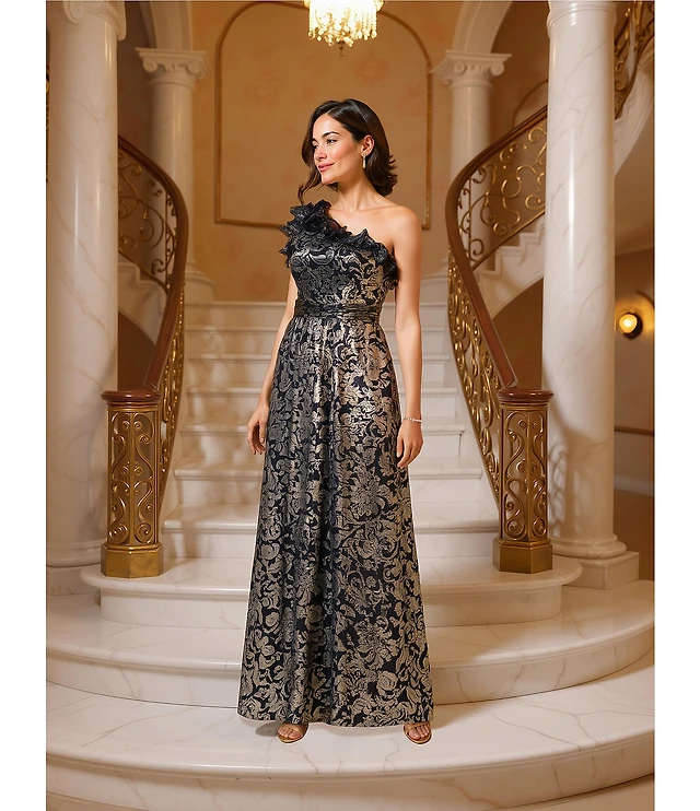 Adrianna Papell Metallic Ruffle Neck One Shoulder Printed Crinkle Gown |  Liberty Center