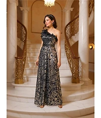 Adrianna Papell Metallic Ruffle Neck One Shoulder Printed Crinkle Gown