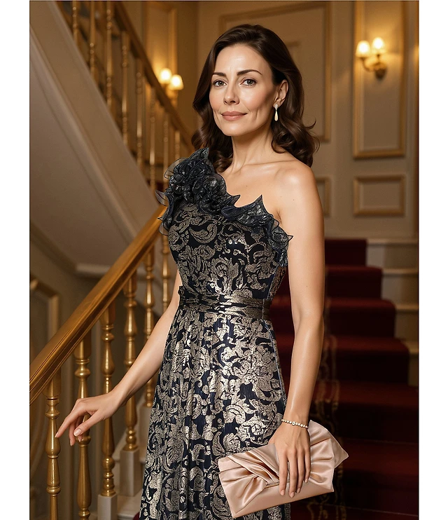 Adrianna Papell Metallic Ruffle Neck One Shoulder Printed Crinkle Gown at  Hamilton Place in Chattanooga, TN
