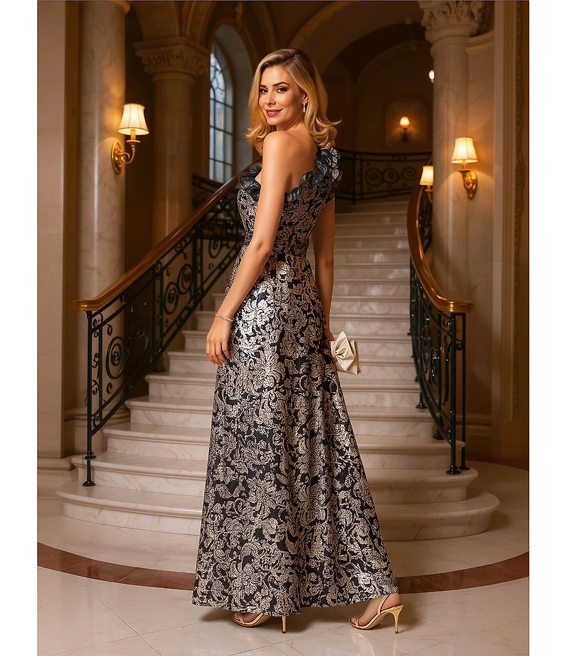 Adrianna Papell Metallic Ruffle Neck One Shoulder Printed Crinkle Gown