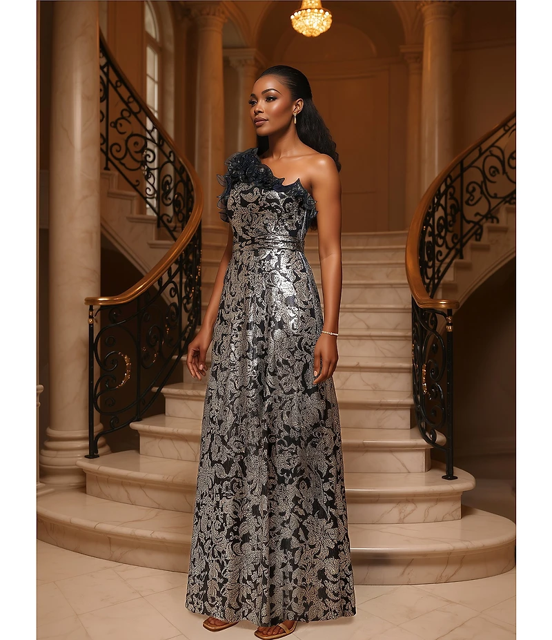 Adrianna Papell Metallic Ruffle Neck One Shoulder Printed Crinkle Gown