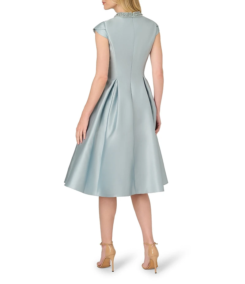 Adrianna Papell Mikado Beaded Crew Neck Cap Sleeve Keyhole A-Line Midi Dress