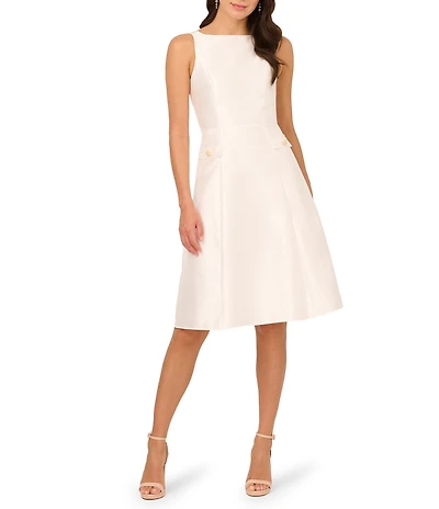 Adrianna Papell Mikado Boat Neck Button Sleeveless Midi Dress