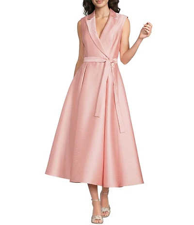 Adrianna Papell Mikado Notch Collar Sleeveless Tie Front Fit And Flare Long Dress