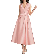 Adrianna Papell Mikado Notch Collar Sleeveless Tie Front Fit And Flare Long Dress