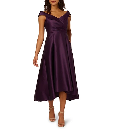 Adrianna Papell Mikado Off The Shoulder Sleeveless Hi-Low Midi Gown