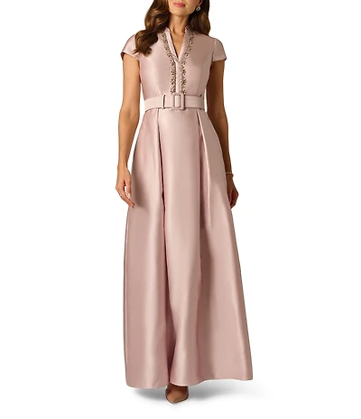 Adrianna Papell Mikado Short Sleeve Belted Long Gown