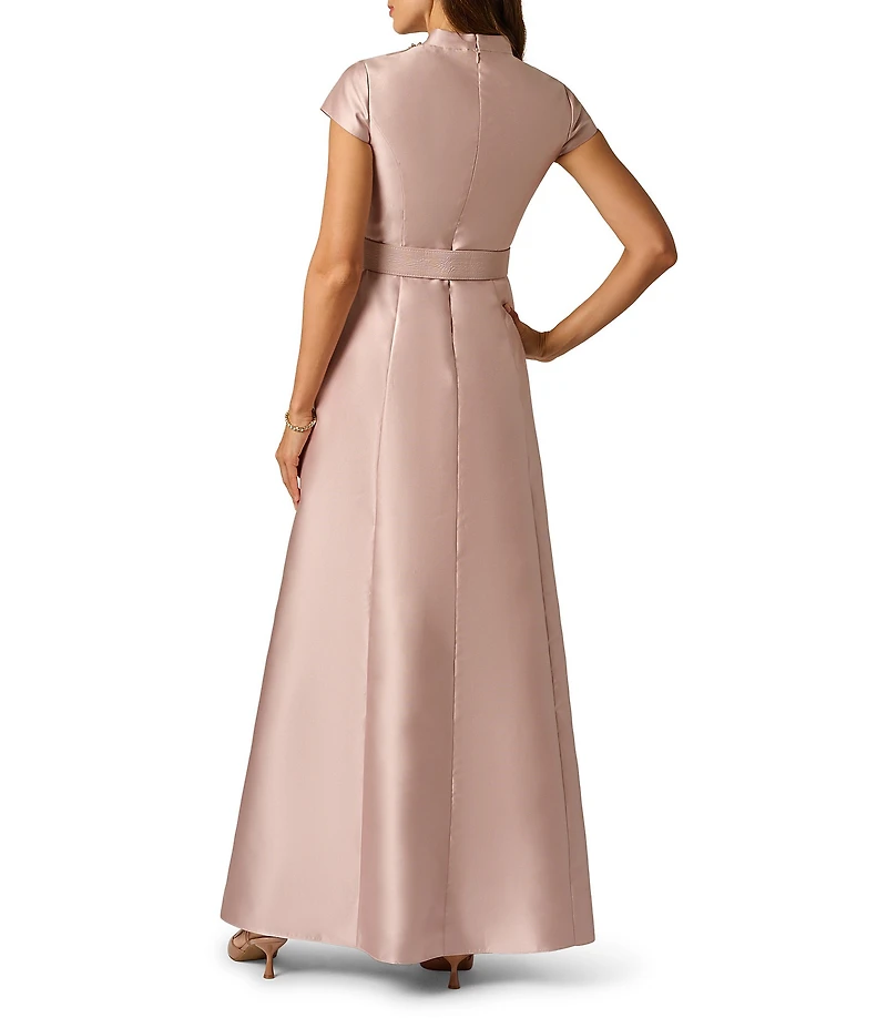 Adrianna Papell Mikado Short Sleeve Belted Long Gown