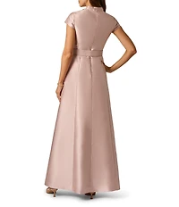 Adrianna Papell Mikado Short Sleeve Belted Long Gown