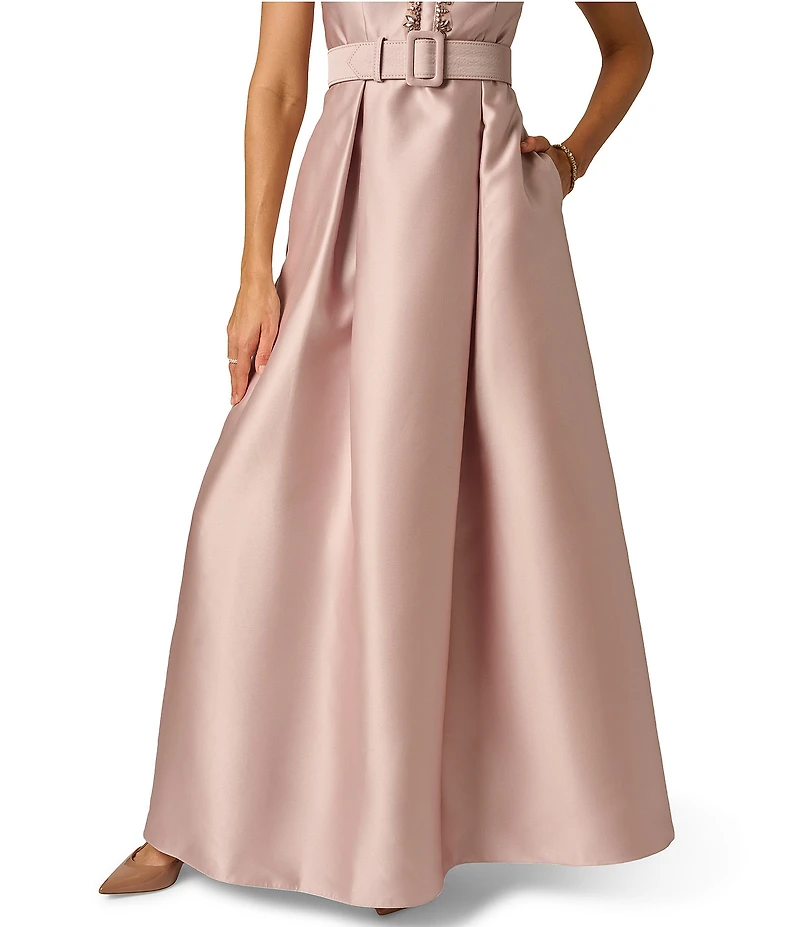 Adrianna Papell Mikado Short Sleeve Belted Long Gown