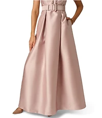 Adrianna Papell Mikado Short Sleeve Belted Long Gown