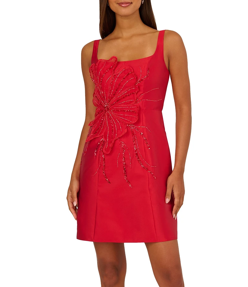 Adrianna Papell Mikado Square Neck 3D Beaded Flower Dress