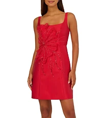 Adrianna Papell Mikado Square Neck 3D Beaded Flower Dress