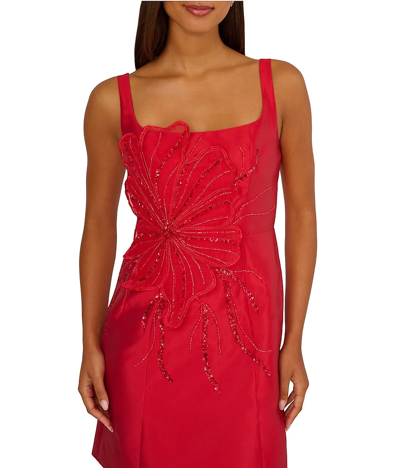 Adrianna Papell Mikado Square Neck 3D Beaded Flower Dress