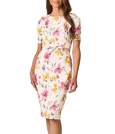 Adrianna Papell Mini Bow Floral Print Jacquard Knee Length Sheath Dress