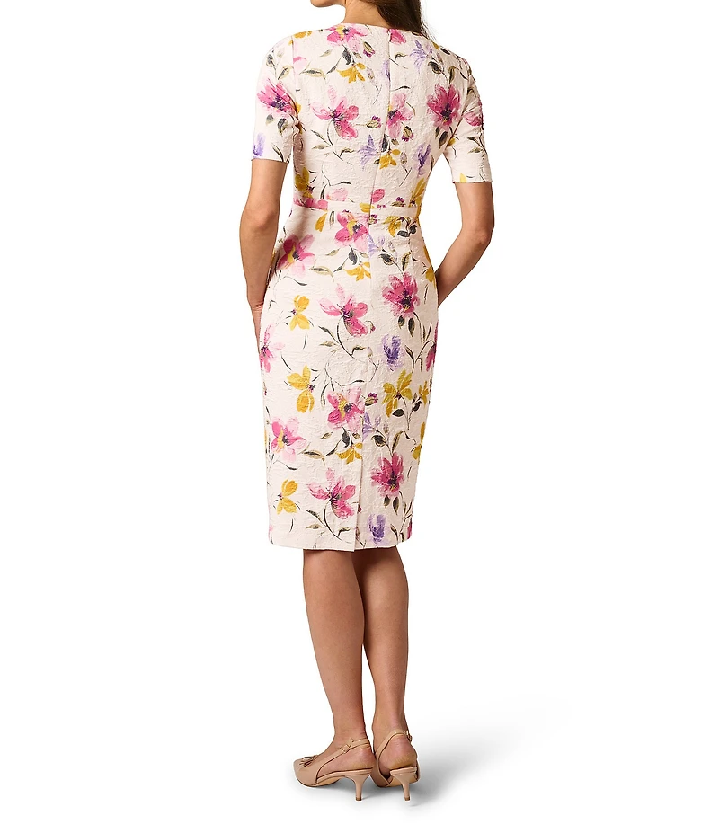 Adrianna Papell Mini Bow Floral Print Jacquard Knee Length Sheath Dress