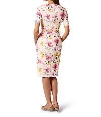 Adrianna Papell Mini Bow Floral Print Jacquard Knee Length Sheath Dress