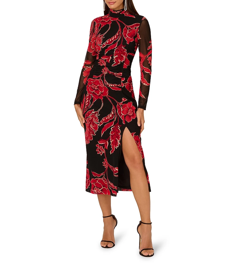 Adrianna Papell Mock Neck Floral Long Sleeve Midi Dress