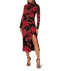 Adrianna Papell Mock Neck Floral Long Sleeve Midi Dress