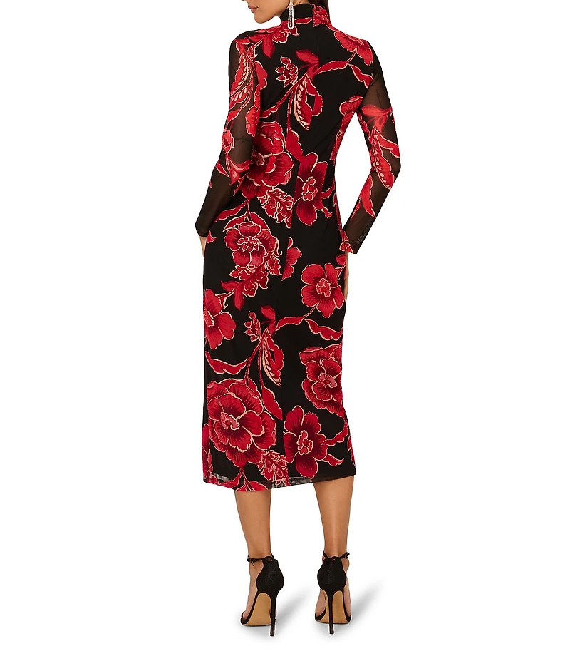 Adrianna Papell Mock Neck Floral Long Sleeve Midi Dress
