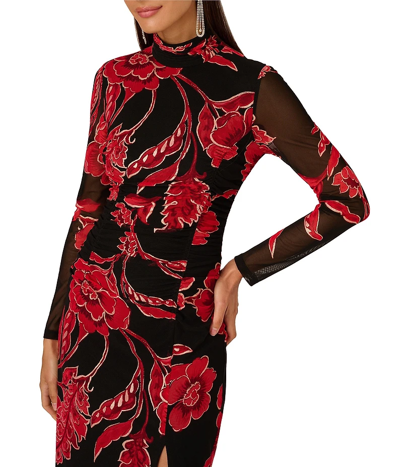Adrianna Papell Mock Neck Floral Long Sleeve Midi Dress