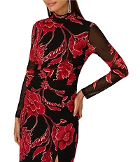 Adrianna Papell Mock Neck Floral Long Sleeve Midi Dress